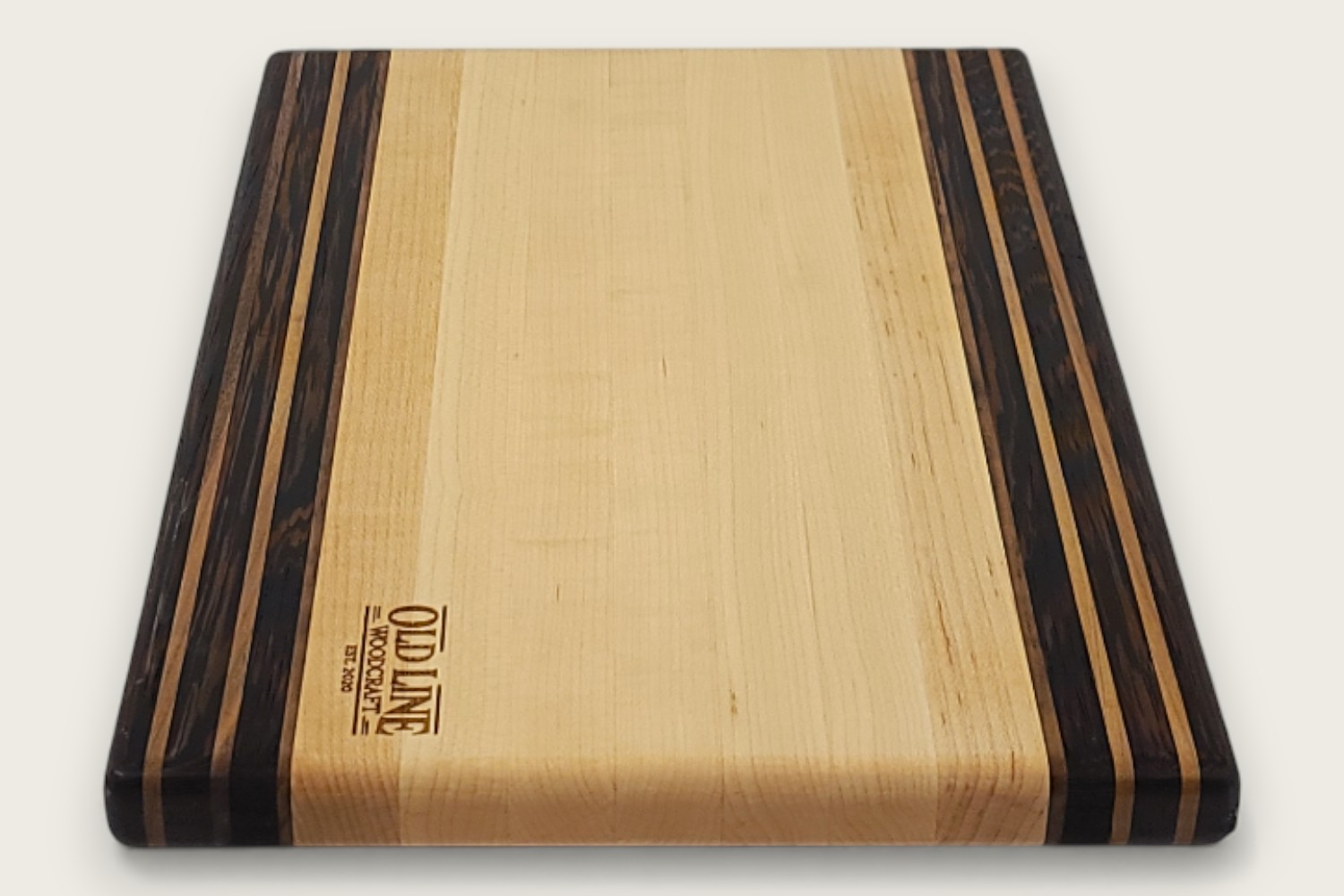 Maple & Wenge Prep Board (#040) with light maple edge grain, dark wenge accents, rectangular shape, and tung oil finish.