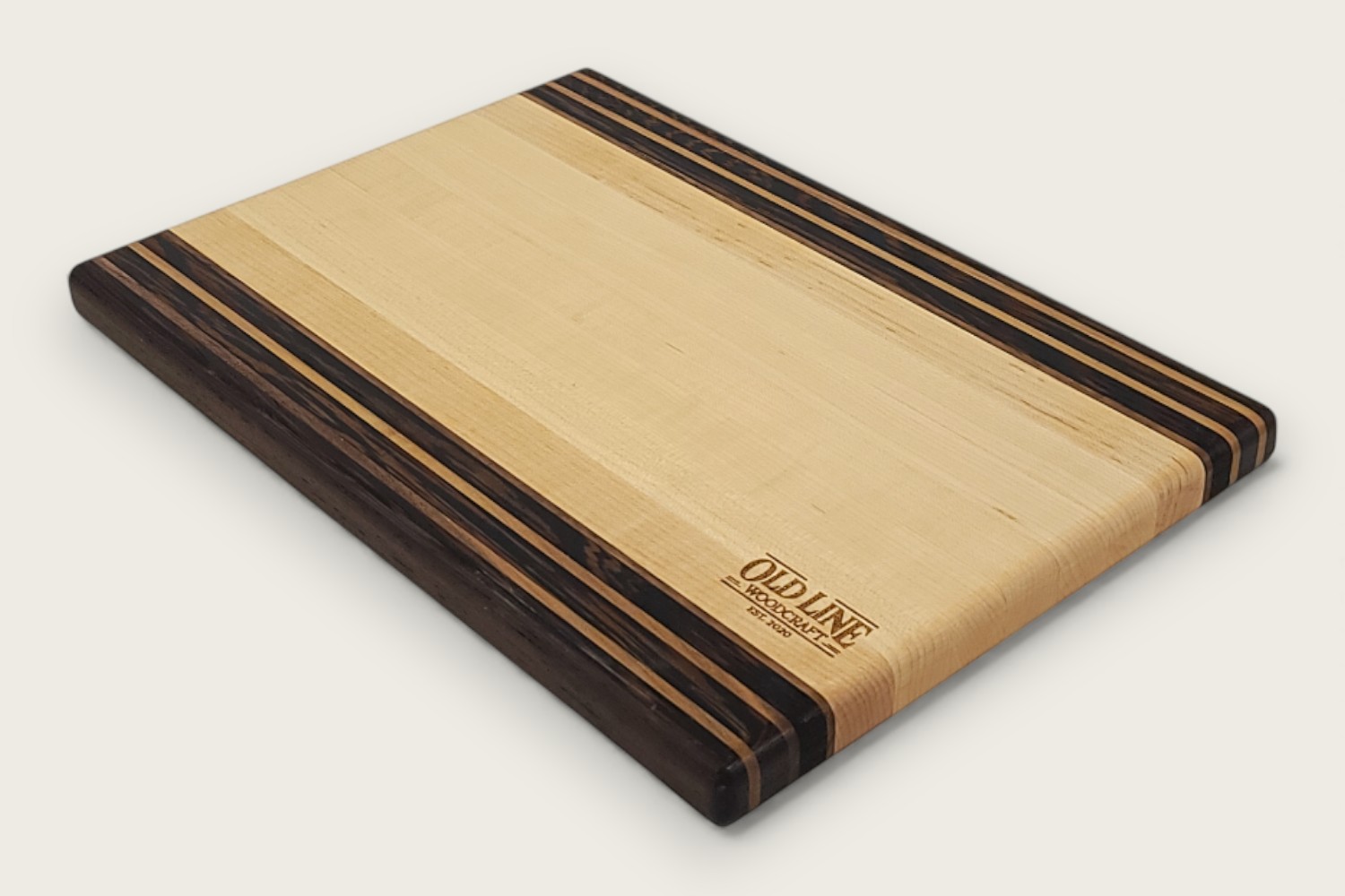 Maple & Wenge Prep Board (#040) with light maple edge grain, dark wenge accents, rectangular shape, and tung oil finish.