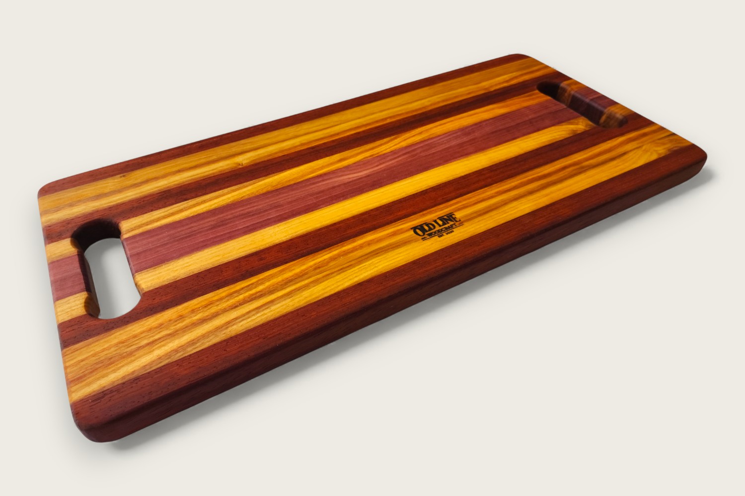 Canarywood charcuterie board (#075) with edge grain, horizontal pattern, bone handle, and tung oil finish.