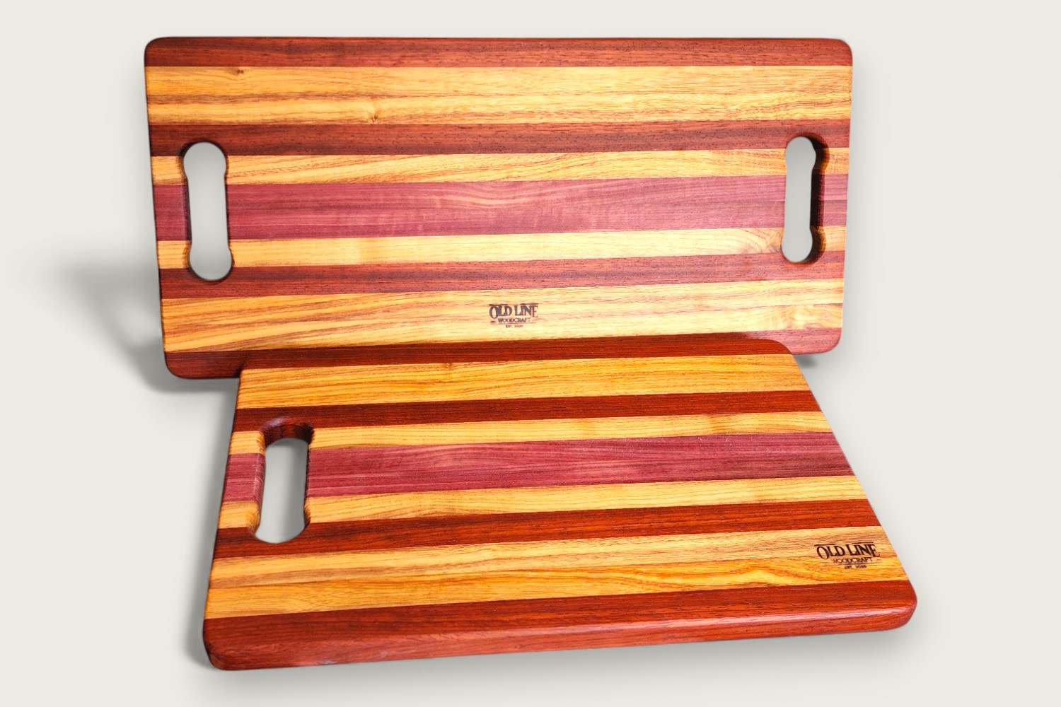 Canarywood charcuterie board (#075) with edge grain, horizontal pattern, bone handle, and tung oil finish.