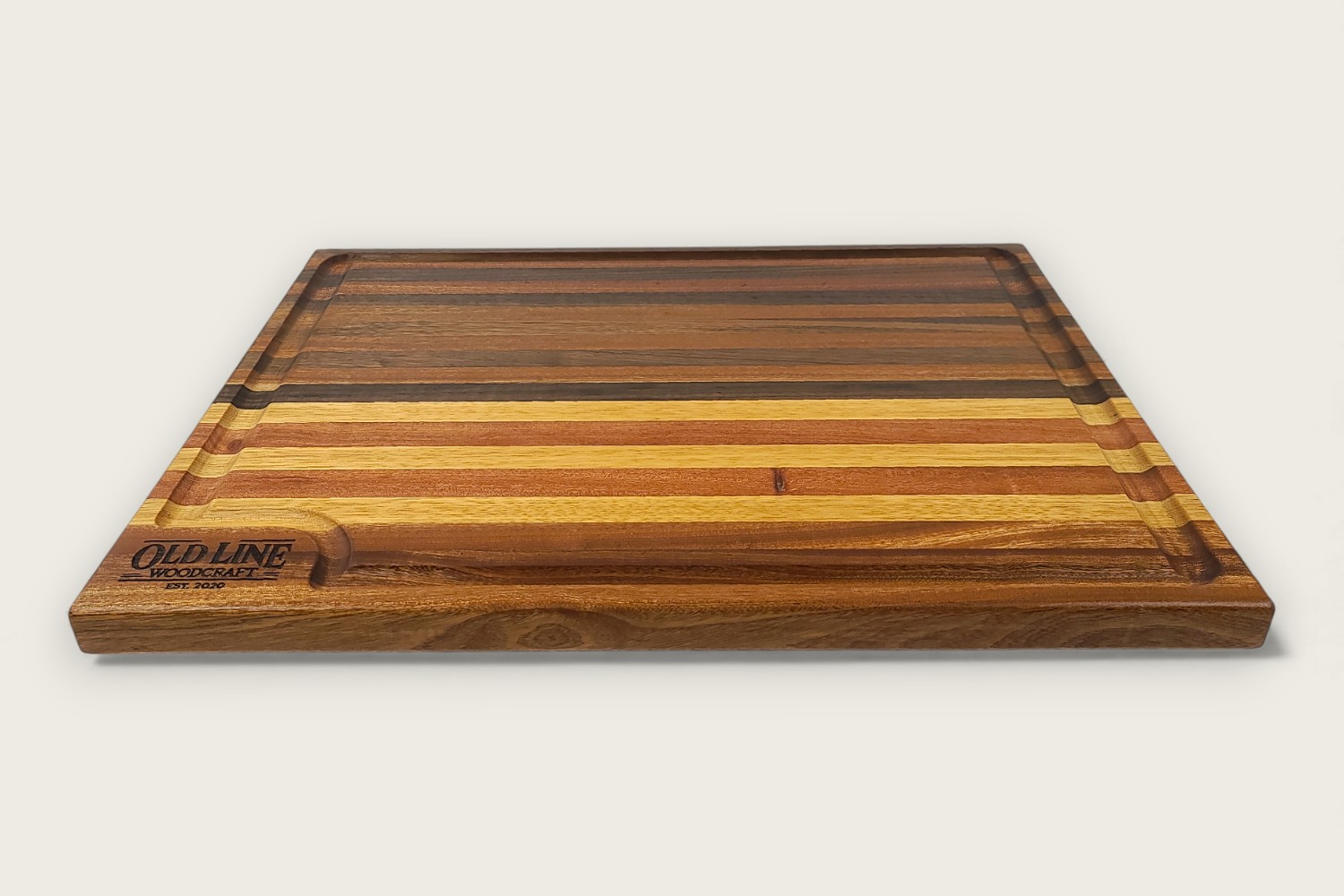 Mahogany & Walnut butcher block cutting board with edge grain, horizontal pattern, and warm reddish-brown tones.
