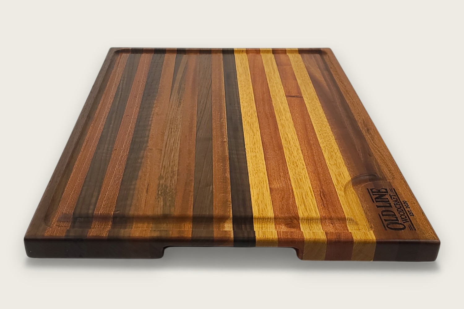Mahogany & Walnut butcher block cutting board with edge grain, horizontal pattern, and warm reddish-brown tones.