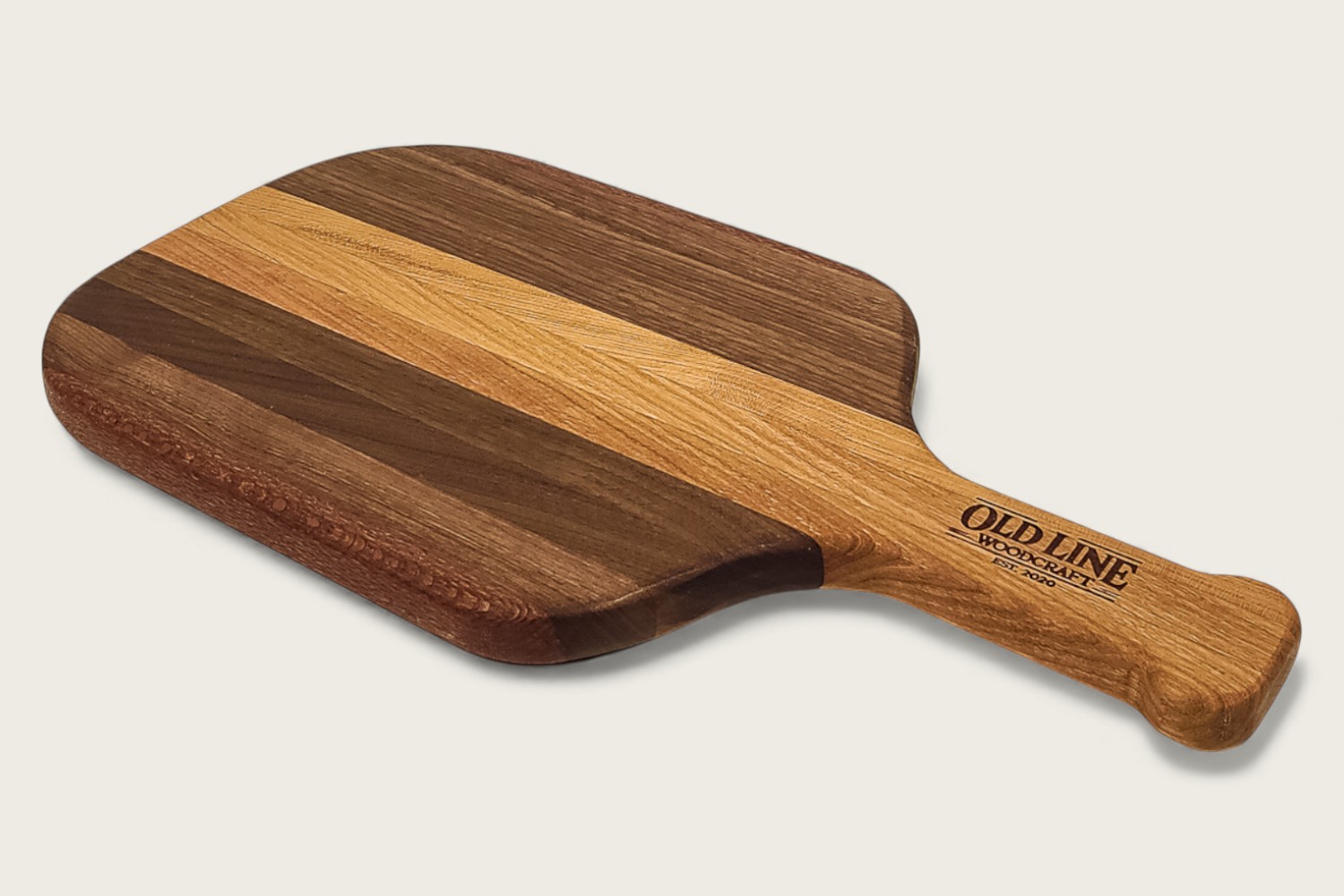 Walnut & Cherry Pickleball Prep Board (#305) with rich brown edge grain, horizontal pattern, and cutout handle.