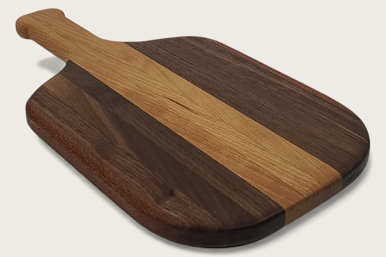 Walnut & Cherry Pickleball Prep Board (#305) with rich brown edge grain, horizontal pattern, and cutout handle.