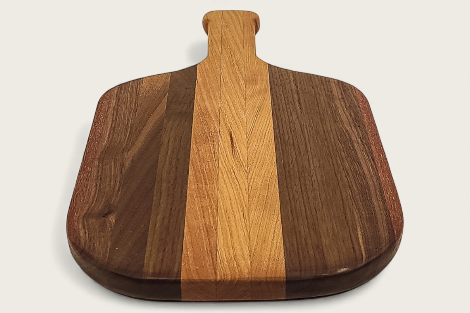 Walnut & Cherry Pickleball Prep Board (#305) with rich brown edge grain, horizontal pattern, and cutout handle.