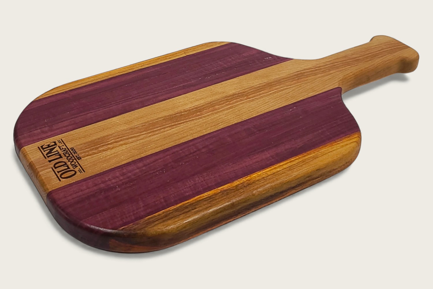 Purpleheart Pickleball Prep Board (#310) with vibrant purple edge grain, horizontal pattern, and cutout handle.