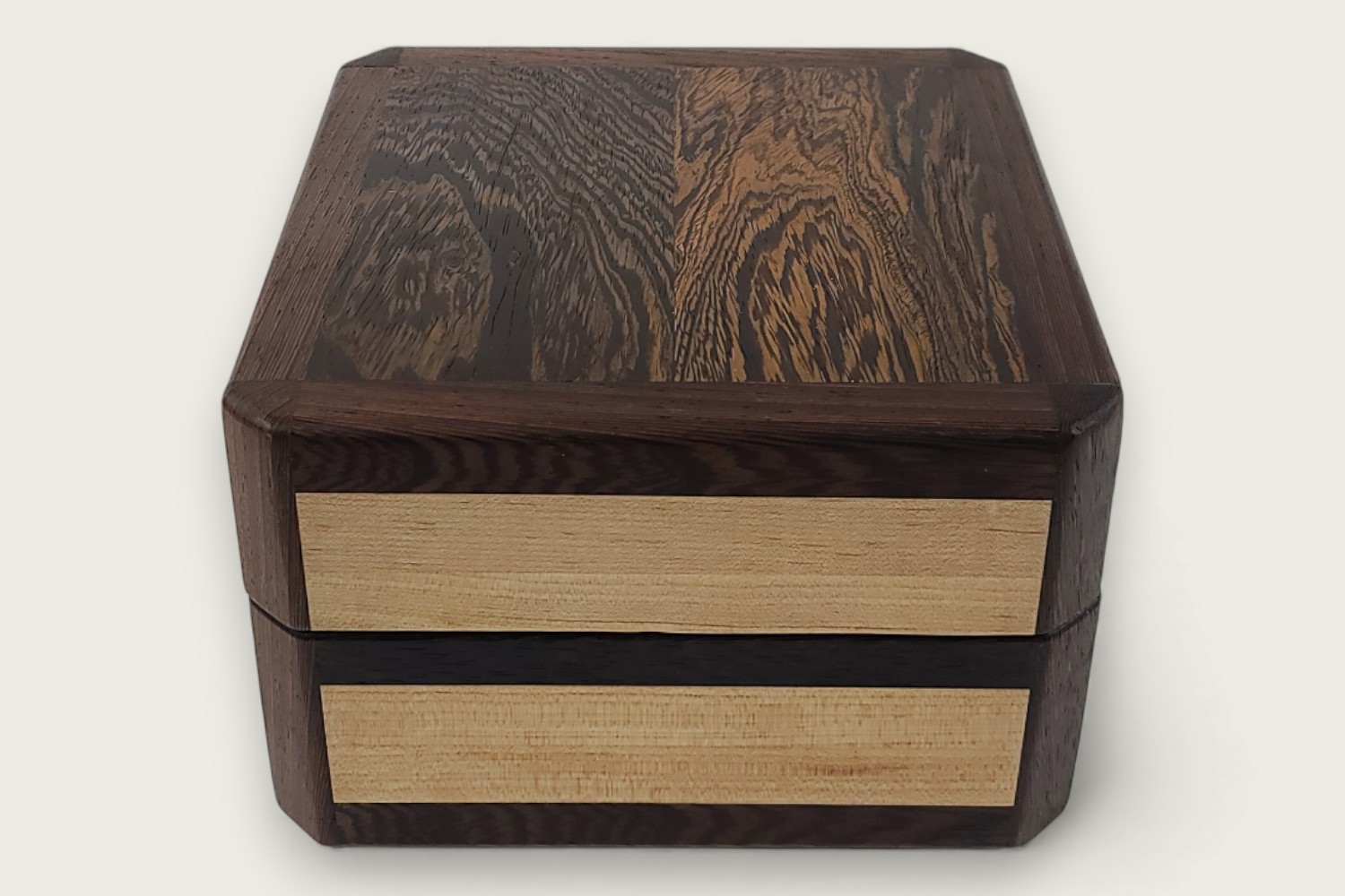Maple & Wenge Keepsake Box (#390) with light maple edge grain, square shape, and smooth tung oil finish.