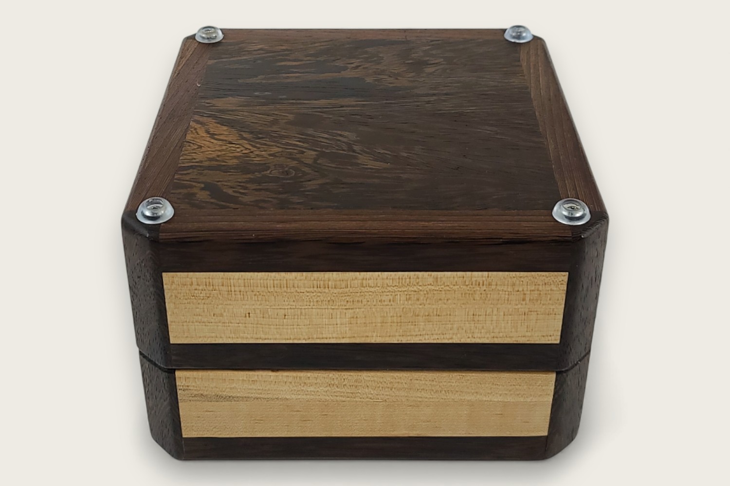 Maple & Wenge Keepsake Box (#390) with light maple edge grain, square shape, and smooth tung oil finish.