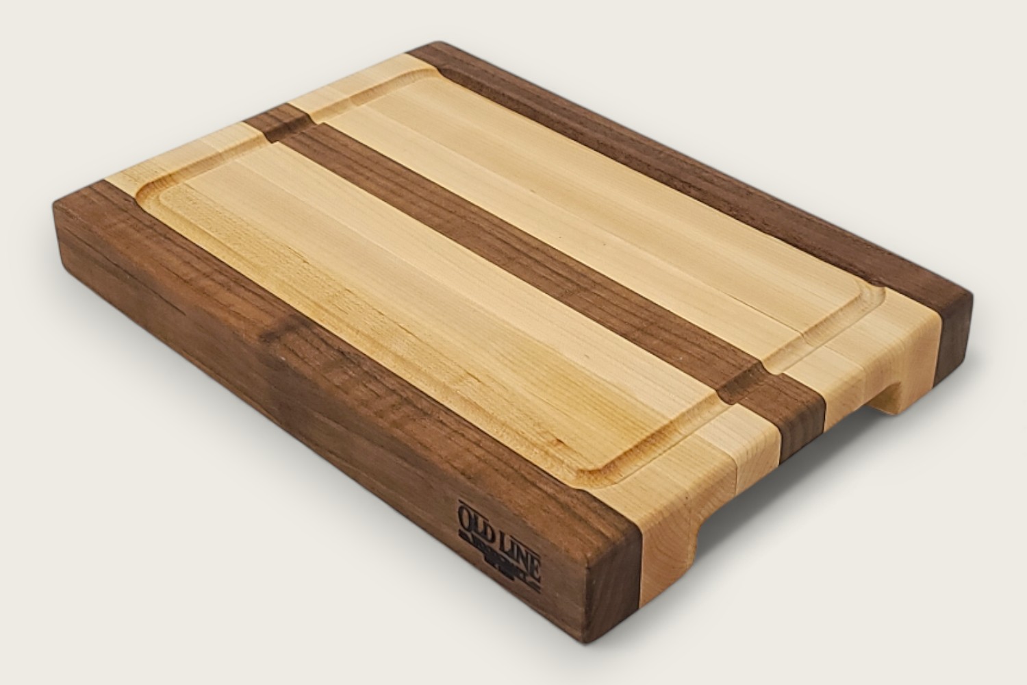 Original Maple & Walnut Butcher Prep Board with light maple edge grain, horizontal pattern, and recessed handles.