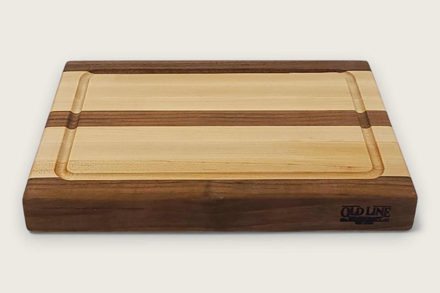 Original Maple & Walnut Butcher Prep Board with light maple edge grain, horizontal pattern, and recessed handles.