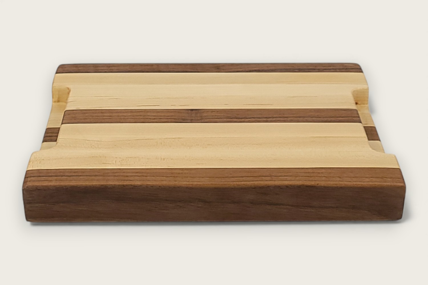 Original Maple & Walnut Butcher Prep Board with light maple edge grain, horizontal pattern, and recessed handles.