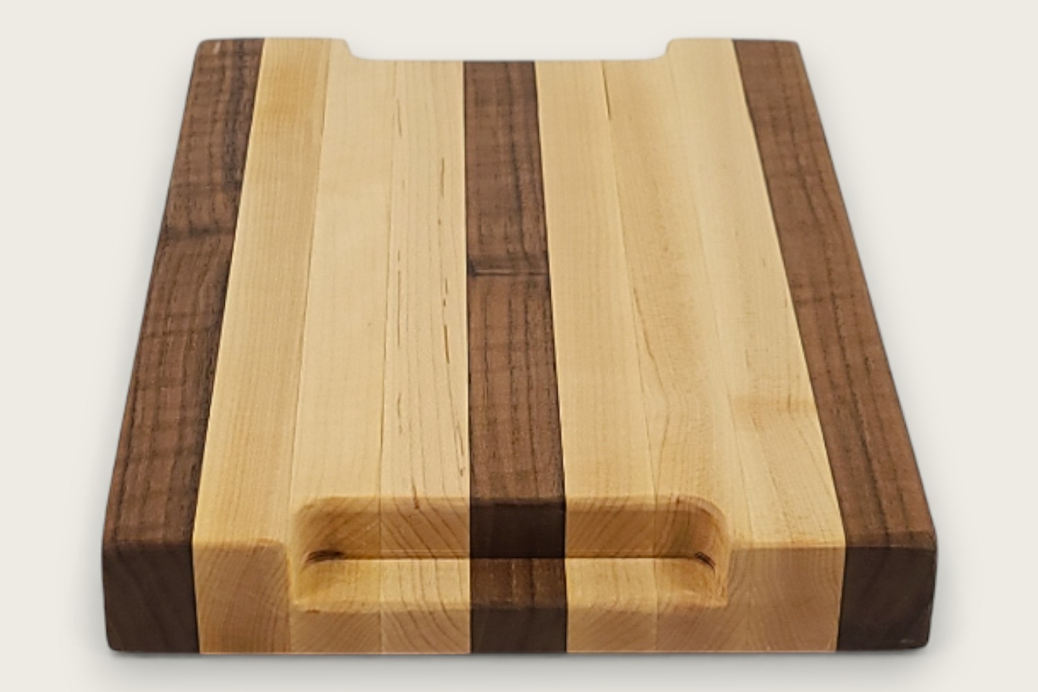 Original Maple & Walnut Butcher Prep Board with light maple edge grain, horizontal pattern, and recessed handles.
