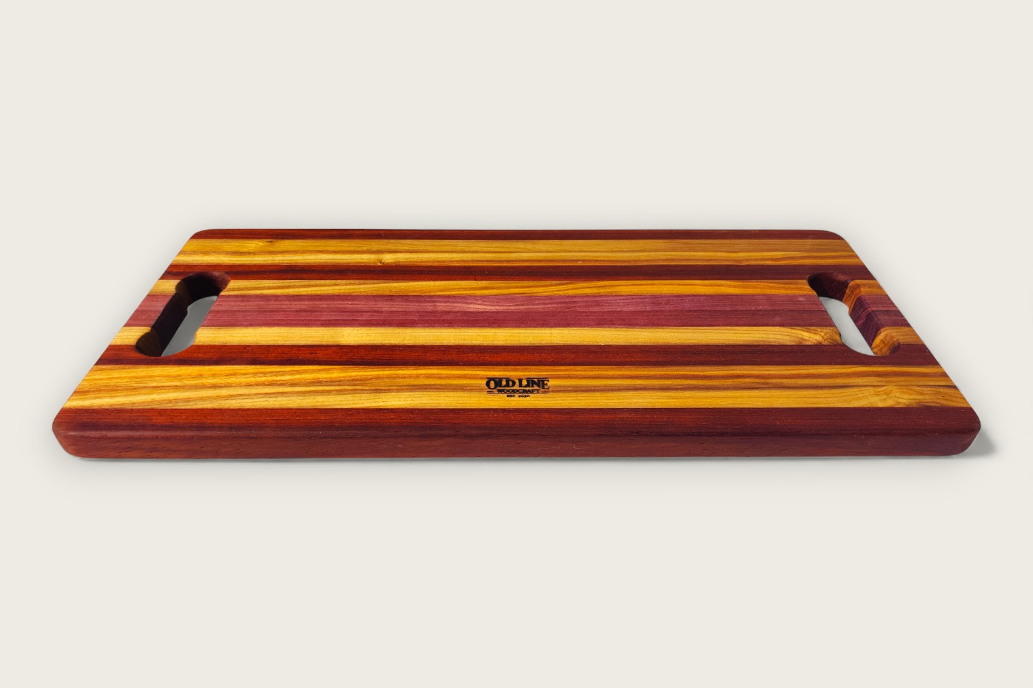 Canarywood charcuterie board (#075) with edge grain, horizontal pattern, bone handle, and tung oil finish.