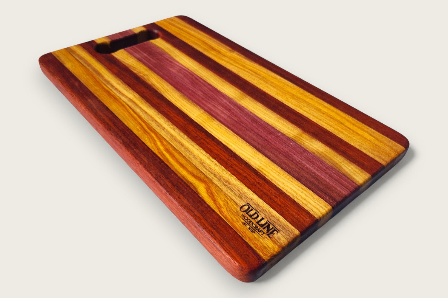 Canarywood edge-grain cutting board (#080) with horizontal pattern, rectangular shape, and warm golden tones.