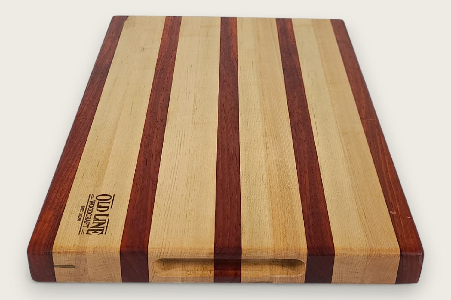 Maple butcher block board with edge grain, horizontal pattern, tung oil finish, and side scoop handles.