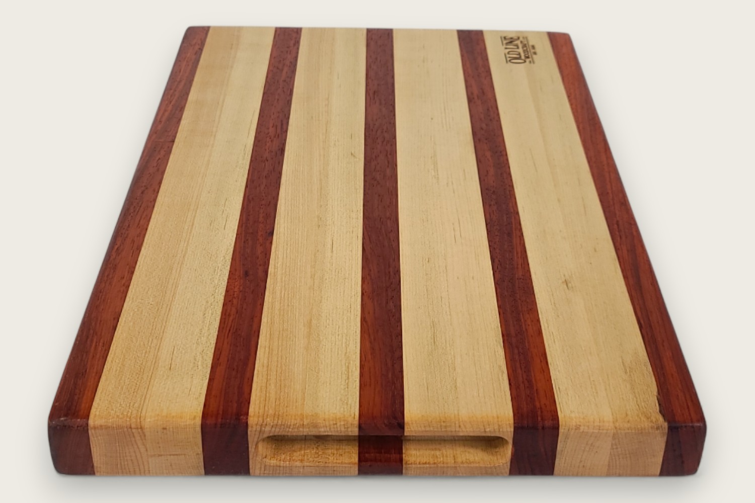 Maple butcher block board with edge grain, horizontal pattern, tung oil finish, and side scoop handles.