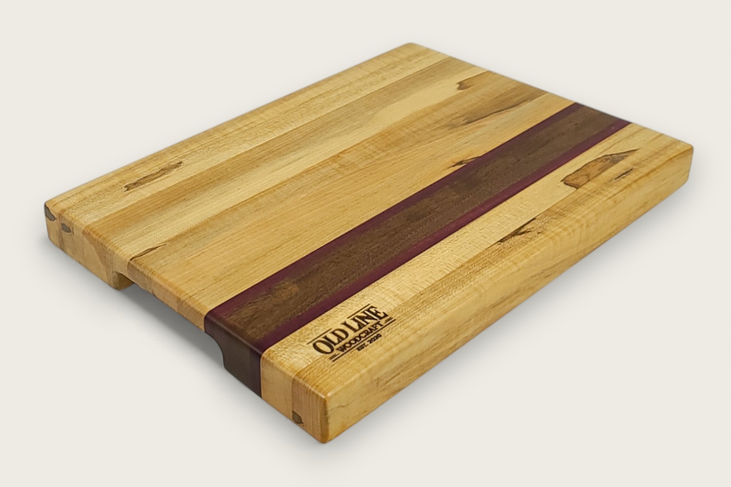 Spaulted Maple Butcher Block Board (#135) with light maple edge grain, horizontal pattern, and recessed handles.