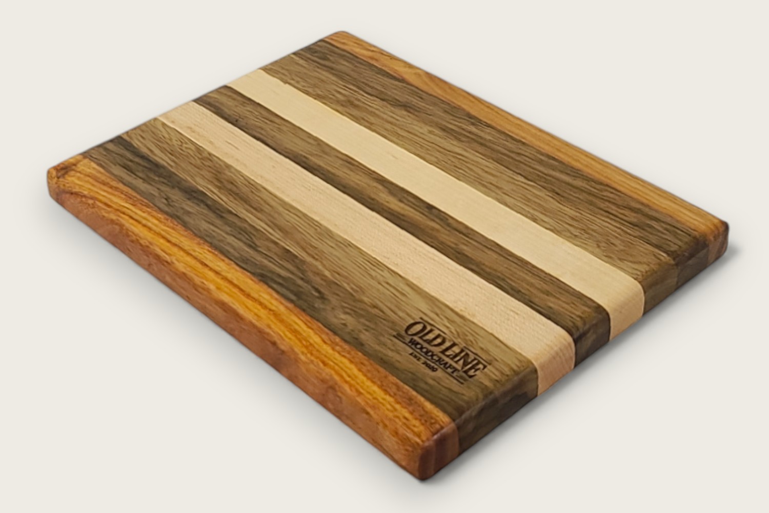 Black Limba & Maple Prep Board (#155), rectangular edge-grain design with dark brown tones and natural Tung oil finish.