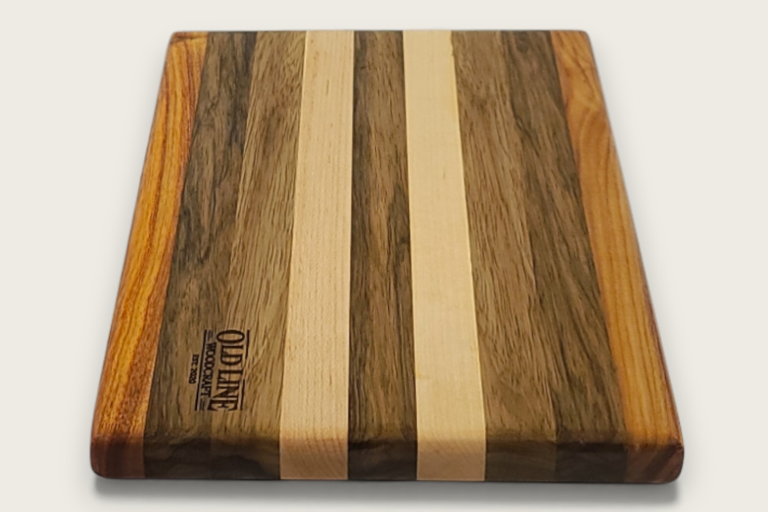 Black Limba & Maple Prep Board (#155), rectangular edge-grain design with dark brown tones and natural Tung oil finish.