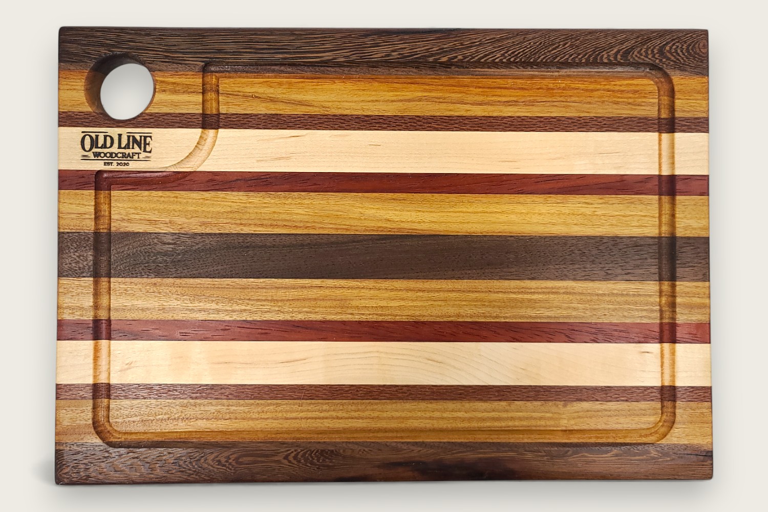 Chesapeake Harvest Prep Board (#165) made of Canarywood with edge-grain pattern, rectangular shape, and warm tones.