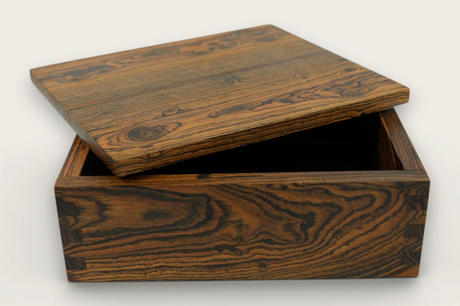 Bocote Keepsake Box with rectangular shape, face grain pattern, tung oil finish, and dark brown tones.