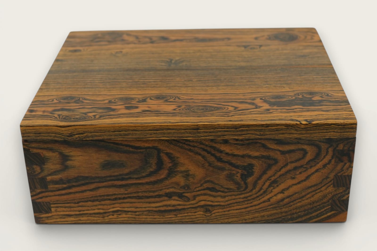 Bocote Keepsake Box with rectangular shape, face grain pattern, tung oil finish, and dark brown tones.