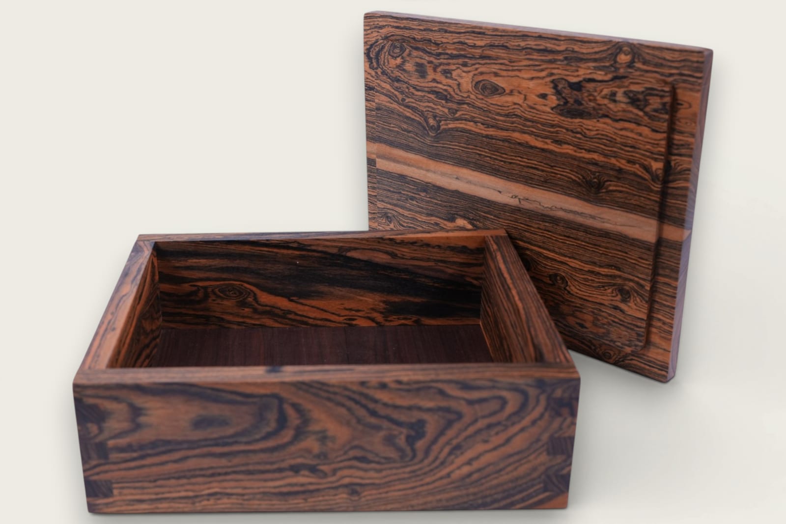 Bocote Keepsake Box with rectangular shape, face grain pattern, tung oil finish, and dark brown tones.
