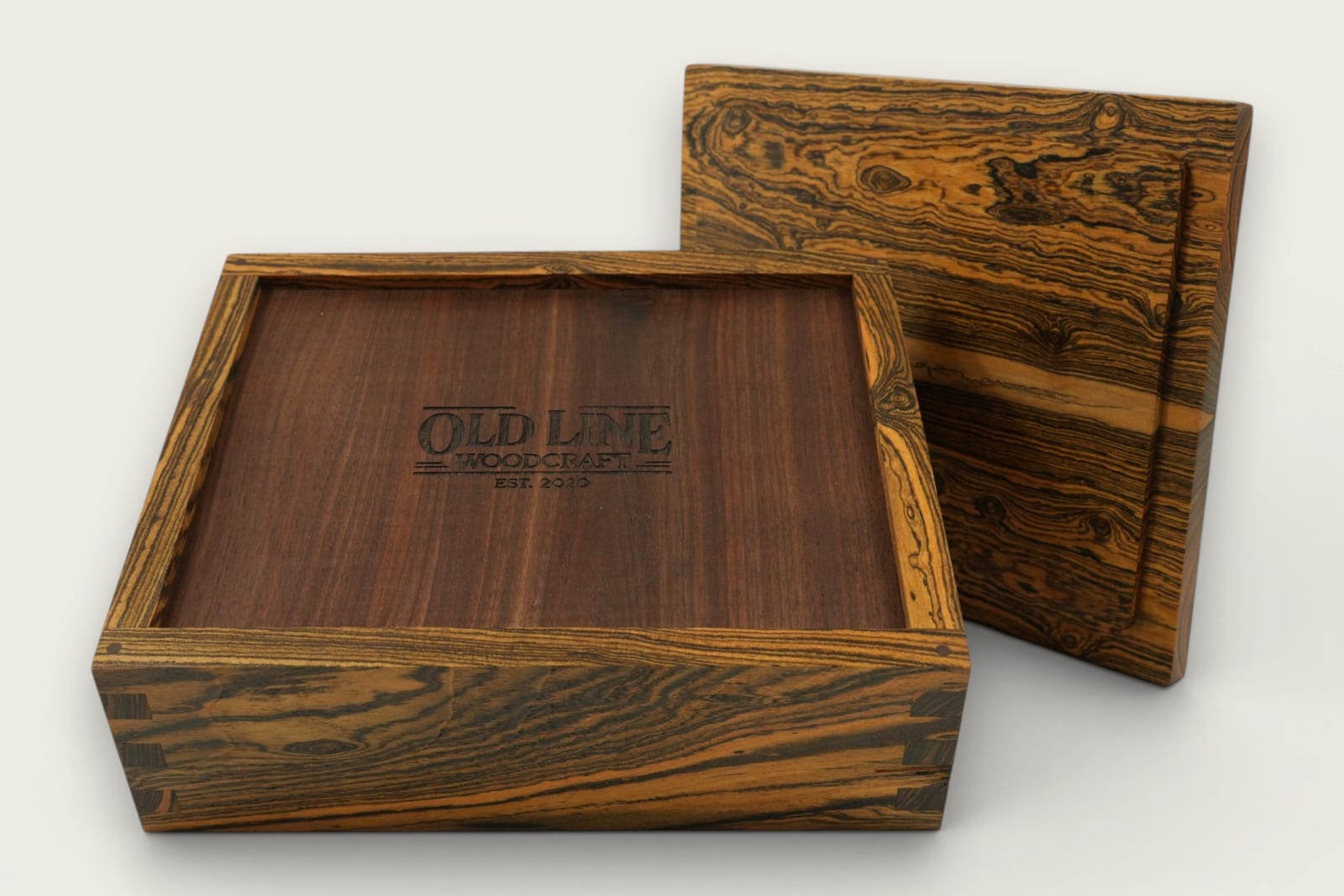 Bocote Keepsake Box with rectangular shape, face grain pattern, tung oil finish, and dark brown tones.