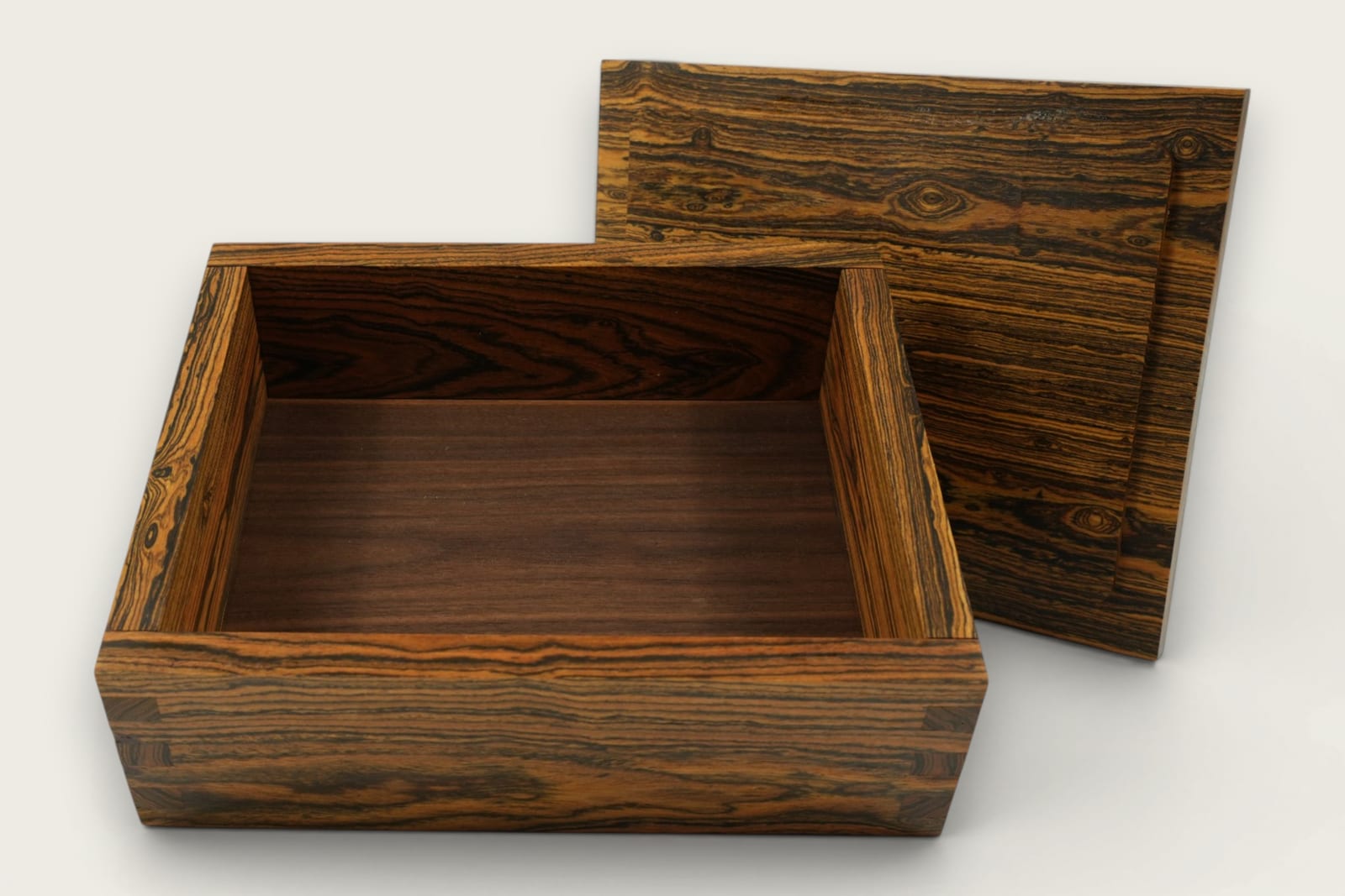 Bocote keepsake box featuring rich brown face grain, rectangular shape, and a smooth tung oil finish.