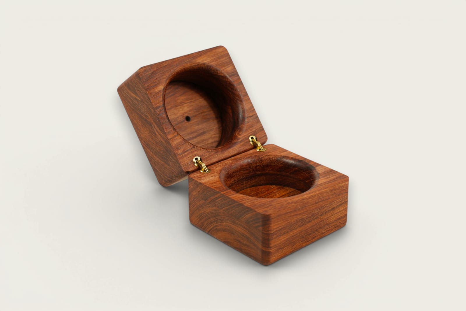 Rosewood Engagement Ring Box with square shape, face grain pattern, warm reddish-brown tones, and tung oil finish.