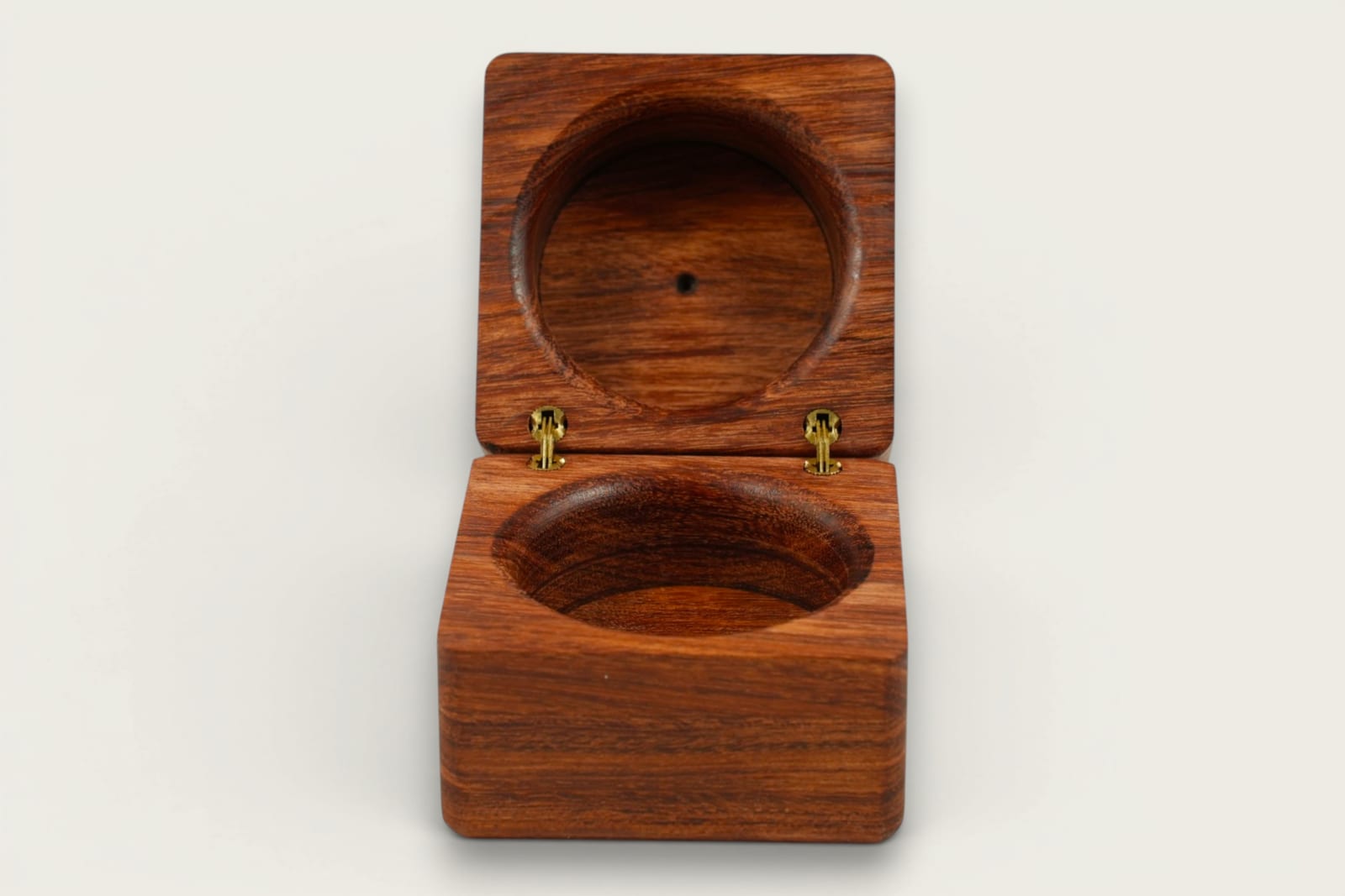 Rosewood Engagement Ring Box with square shape, face grain pattern, warm reddish-brown tones, and tung oil finish.