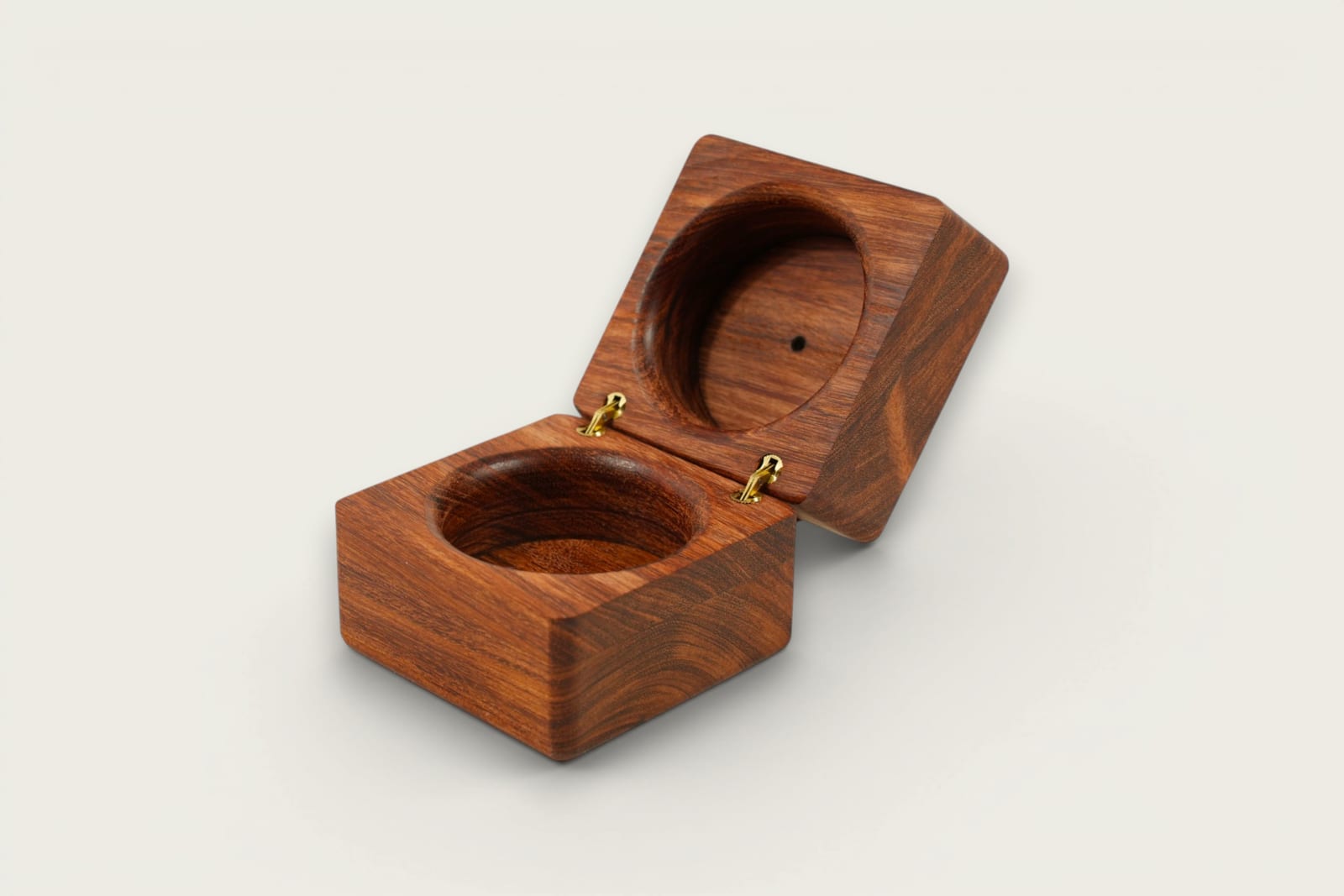Rosewood engagement ring box with square shape, face grain, warm reddish-brown tones, and tung oil finish.