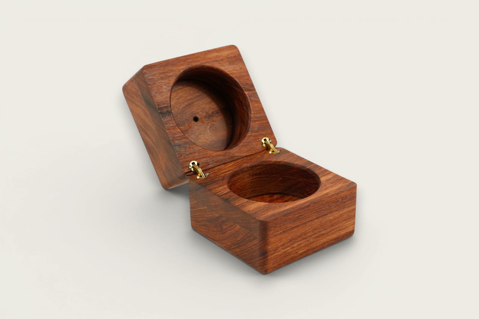 Rosewood ring box with square shape, face grain, warm reddish-brown tones, and a smooth tung oil finish.