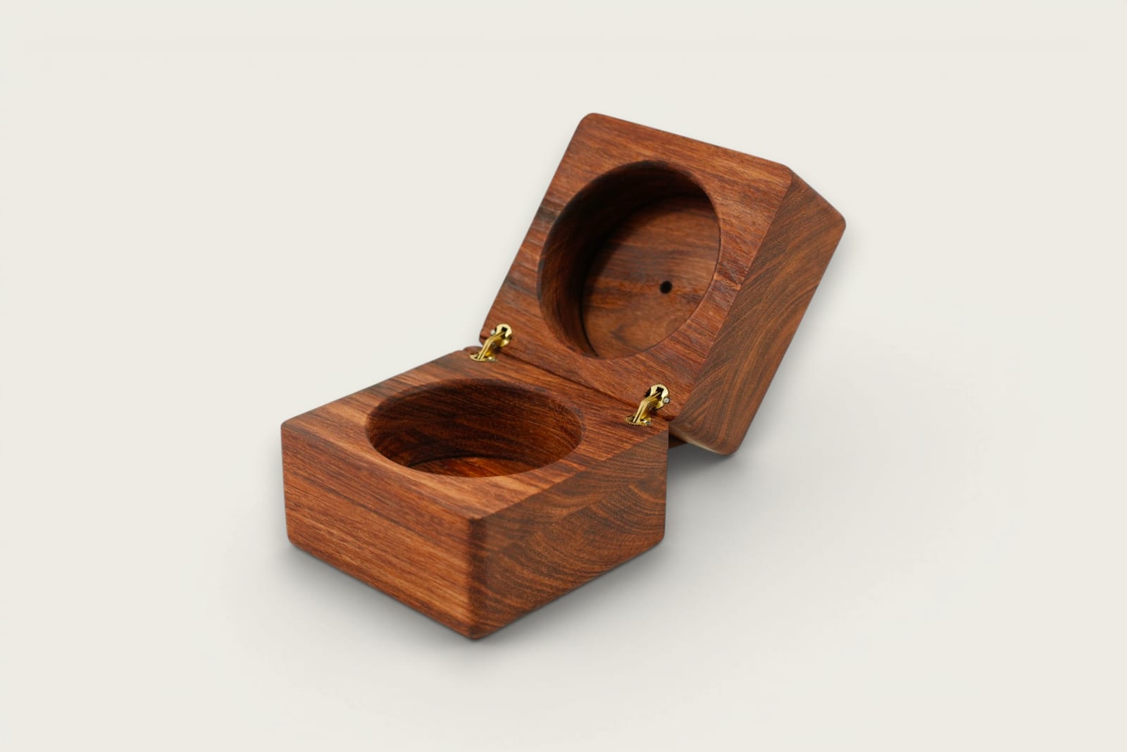 Rosewood ring box with square shape, face grain, warm reddish-brown tones, and a smooth tung oil finish.