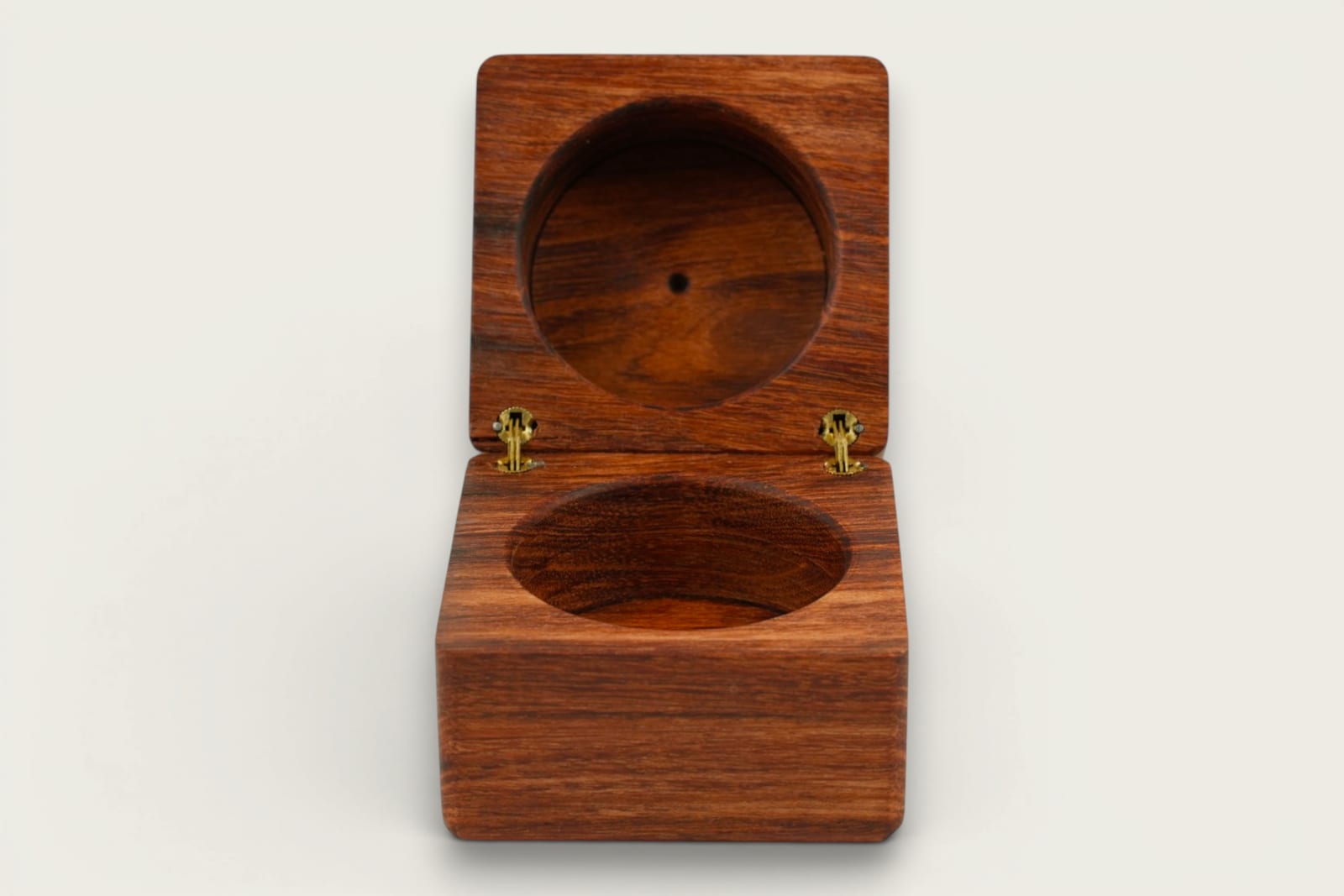 Rosewood ring box with square shape, face grain, warm reddish-brown tones, and a smooth tung oil finish.