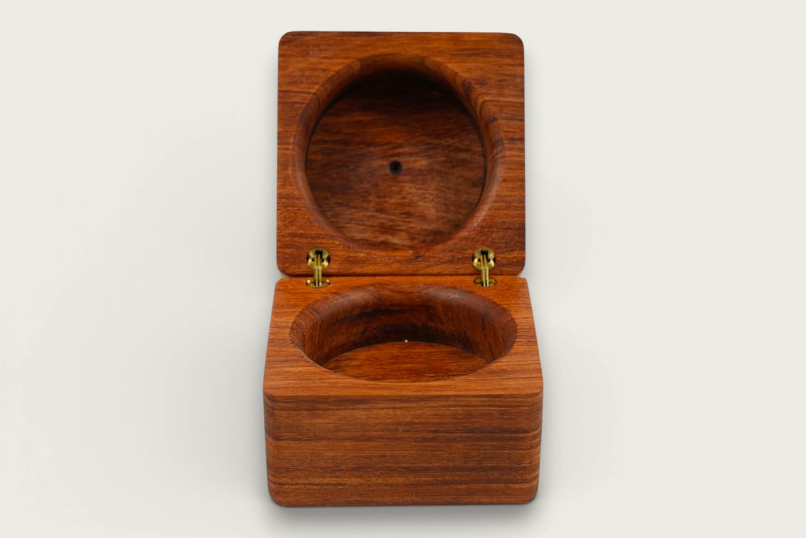 Rosewood Wedding Ring Display Box with face grain, a square shape, tung oil finish, and warm reddish-brown tones.