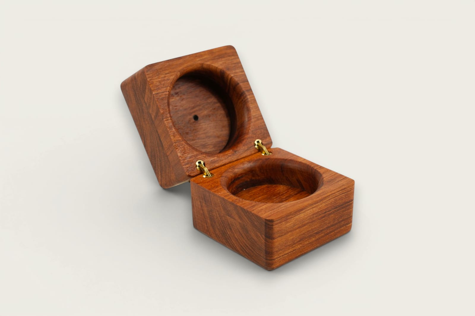 Rosewood Wedding Ring Display Box with face grain, a square shape, tung oil finish, and warm reddish-brown tones.