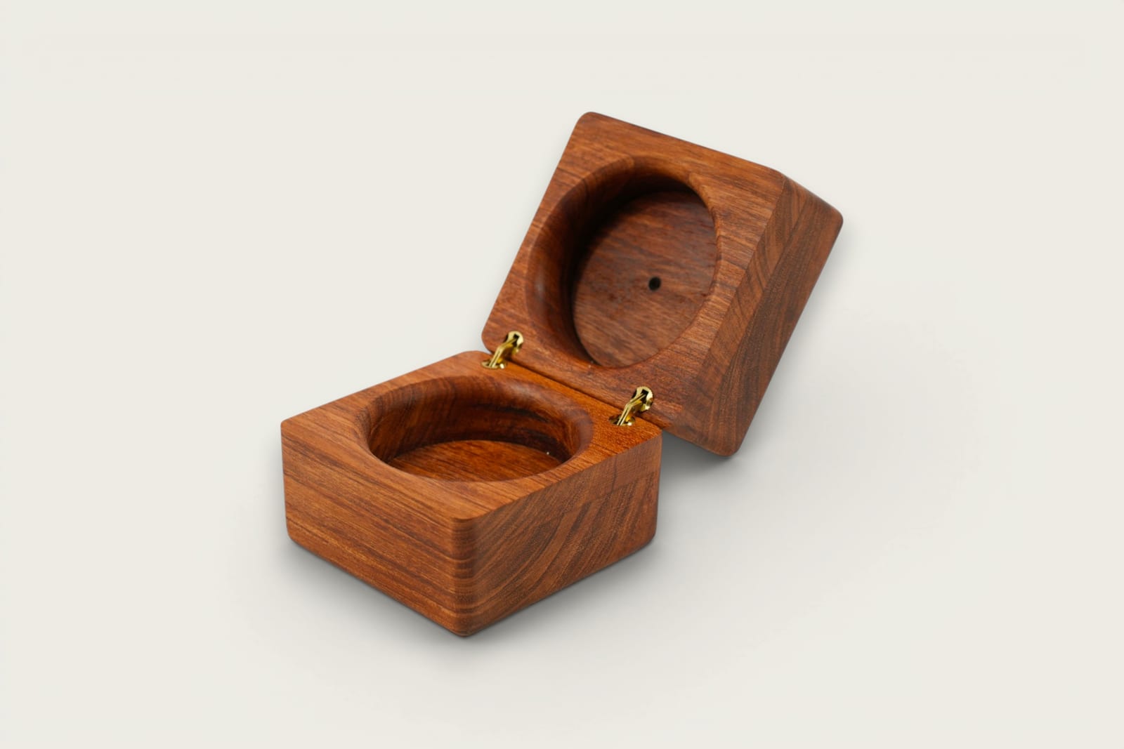 Rosewood Wedding Ring Display Box with face grain, a square shape, tung oil finish, and warm reddish-brown tones.