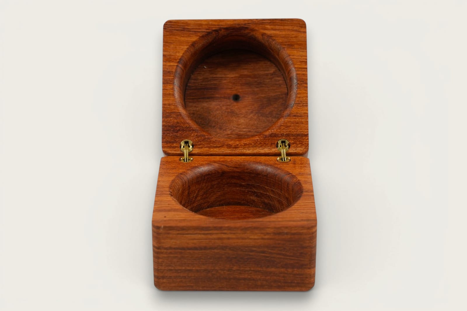 Rosewood Wedding Ring Box with square shape, face grain, warm reddish-brown tones, and tung oil finish.