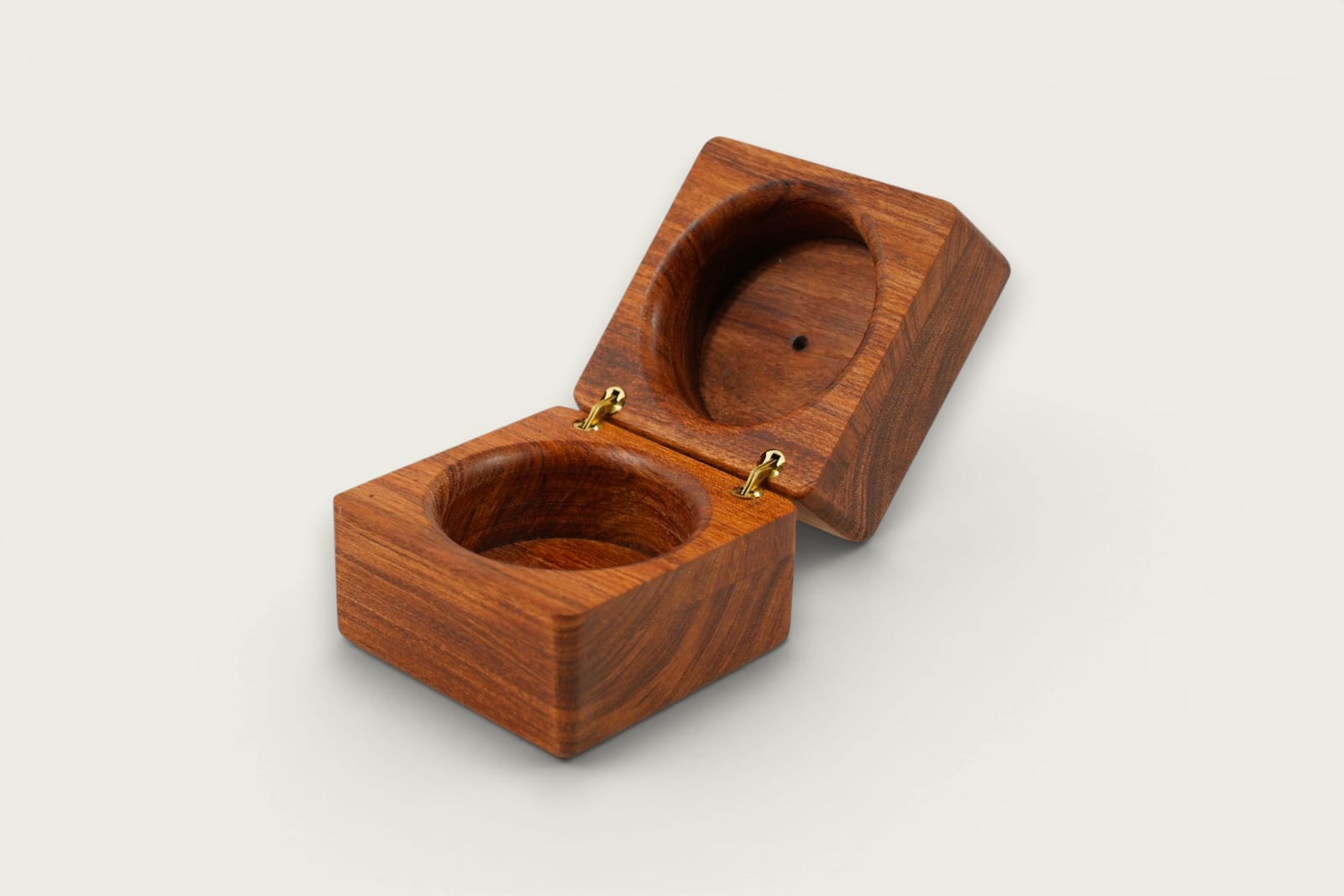Rosewood Wedding Ring Box with square shape, face grain, warm reddish-brown tones, and tung oil finish.
