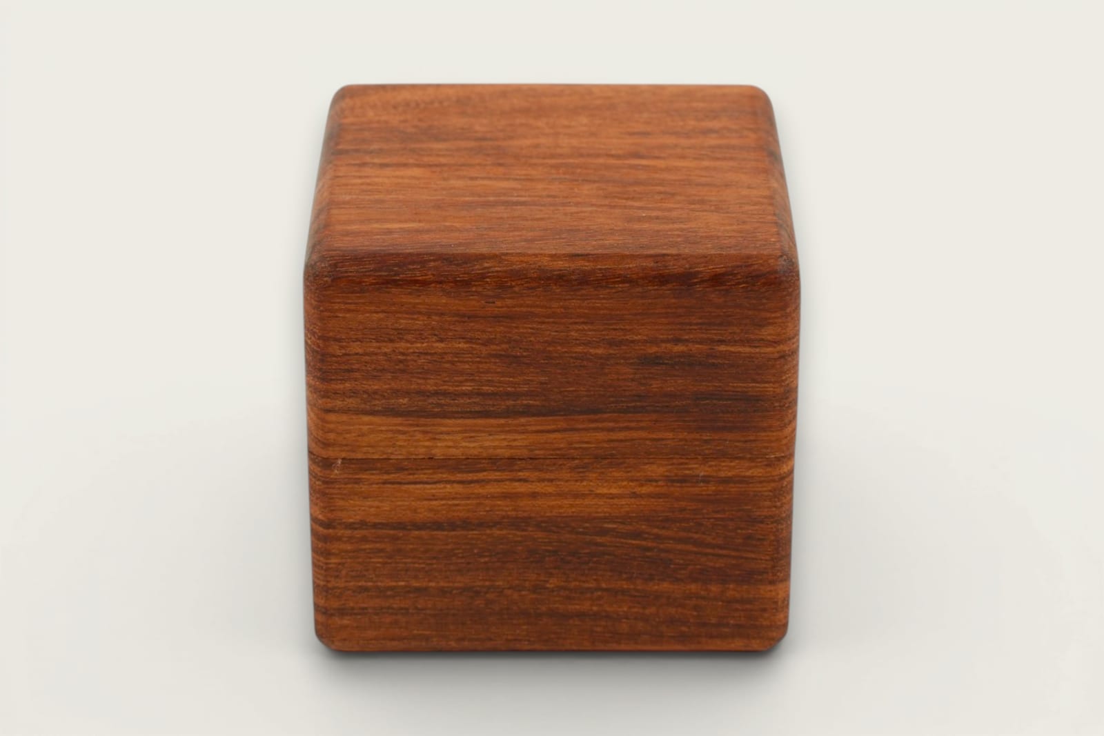 Rosewood Wedding Ring Box with square shape, face grain, warm reddish-brown tones, and tung oil finish.