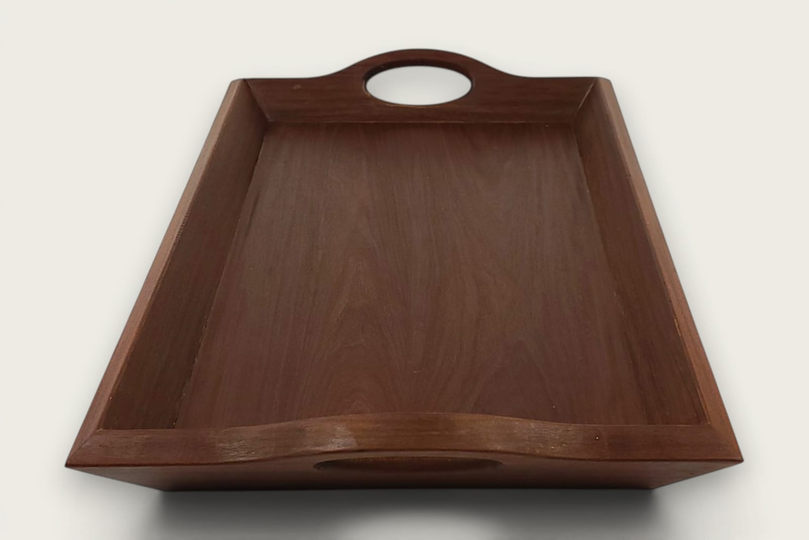 Ipe Catch-All Serving Tray (#530) with face grain, rich brown tones, rectangular shape, and cutout handles.