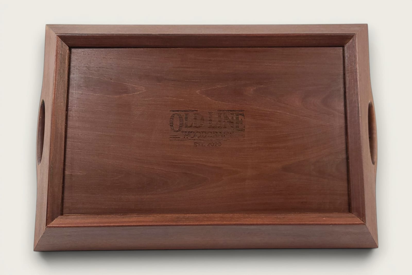 Ipe Catch-All Serving Tray (#530) with face grain, rich brown tones, rectangular shape, and cutout handles.