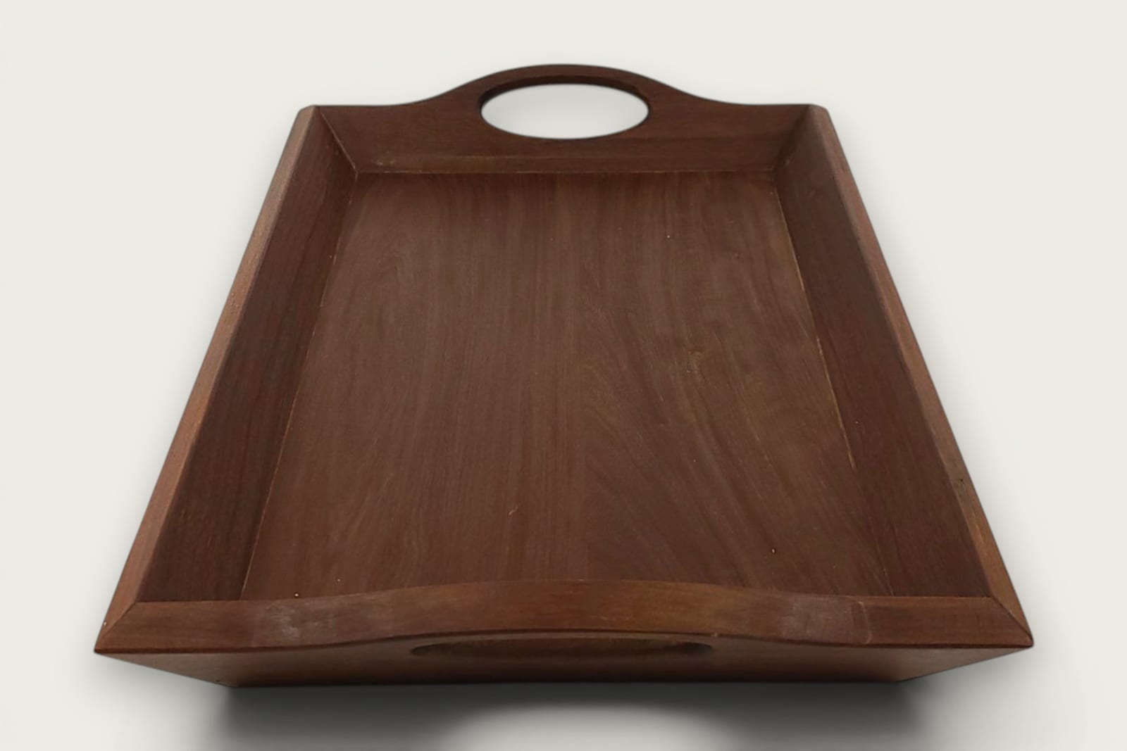 Ipe face-grain rectangular serving tray with rich brown tones, tung oil finish, and cutout handles.