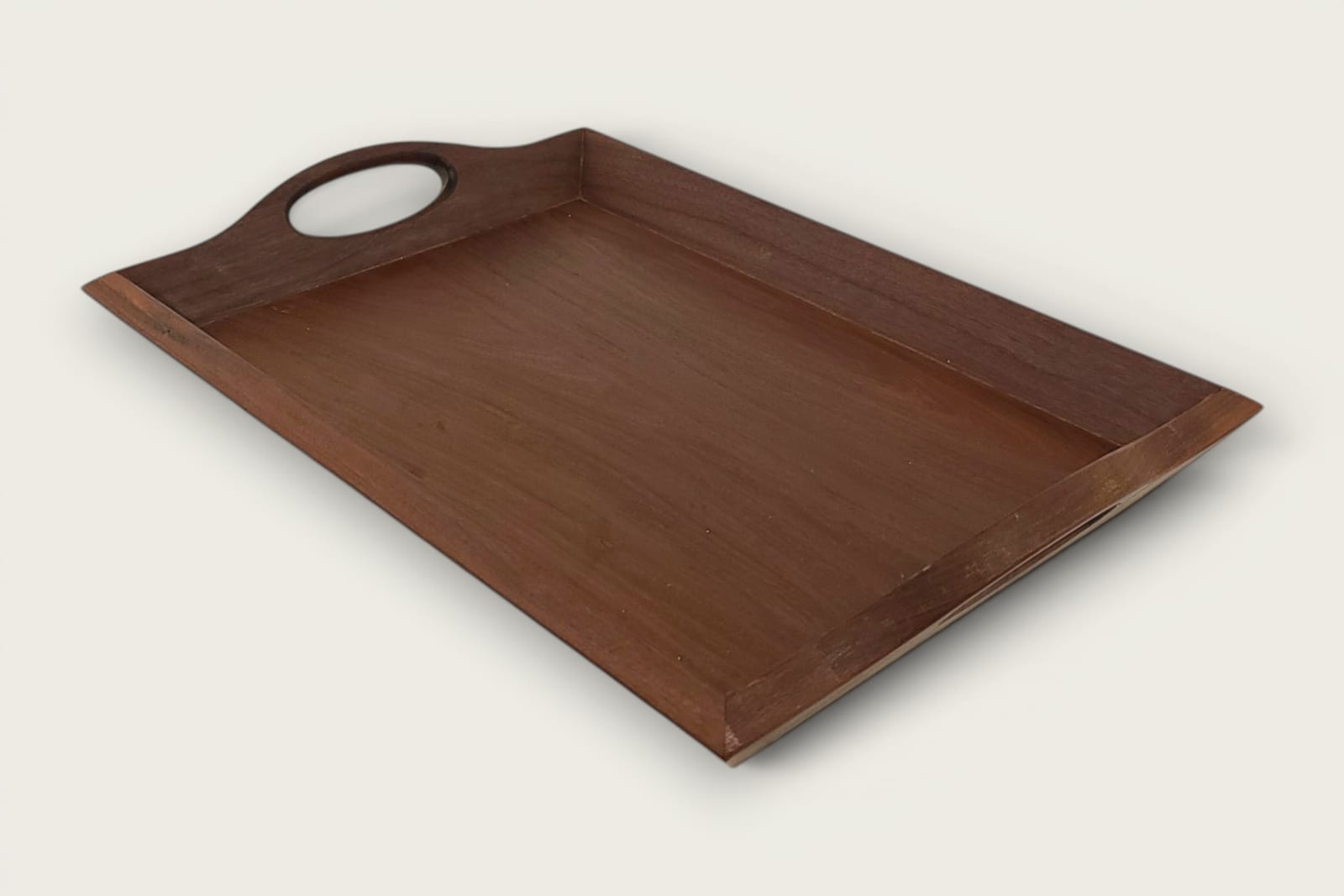 Ipe face-grain rectangular serving tray with rich brown tones, tung oil finish, and cutout handles.