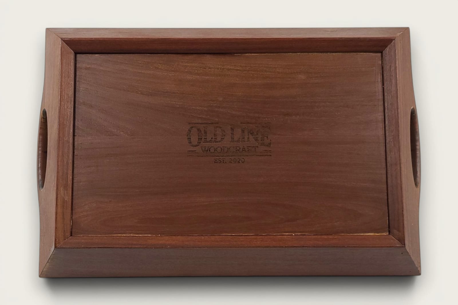 Ipe face-grain rectangular serving tray with rich brown tones, tung oil finish, and cutout handles.
