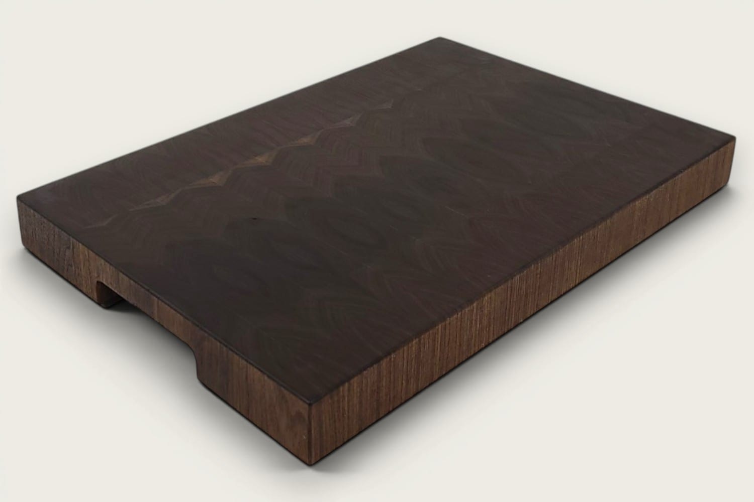 Walnut End Grain Chopping Block Board, rectangular, dark brown vertical pattern, tung-oil finish, recessed handle
