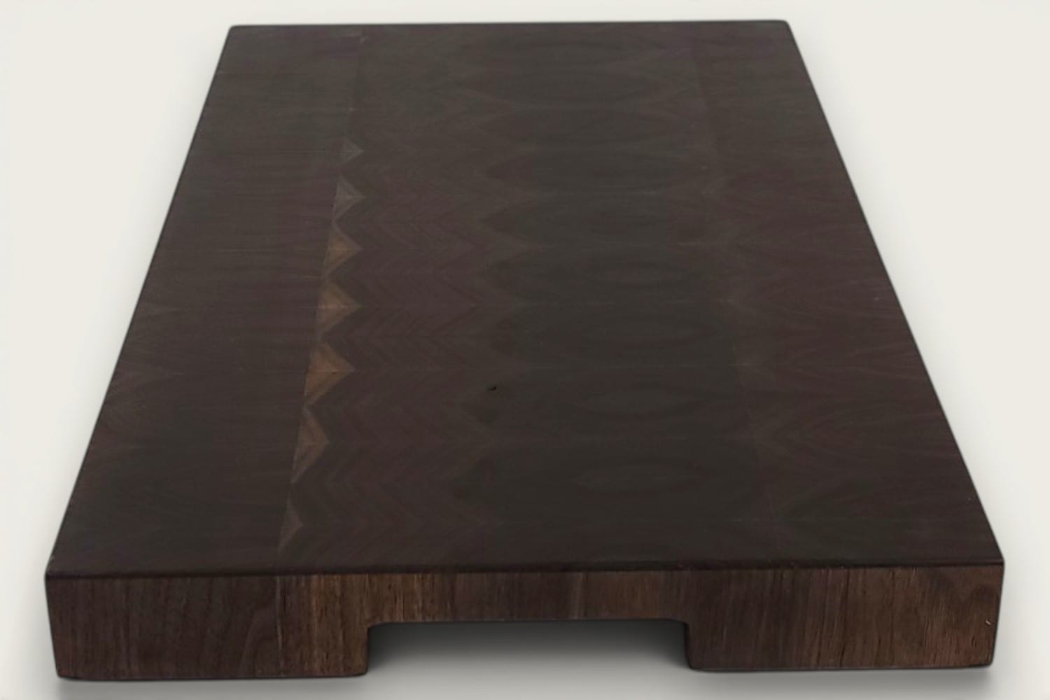 Walnut End Grain Chopping Block Board, rectangular, dark brown vertical pattern, tung-oil finish, recessed handle