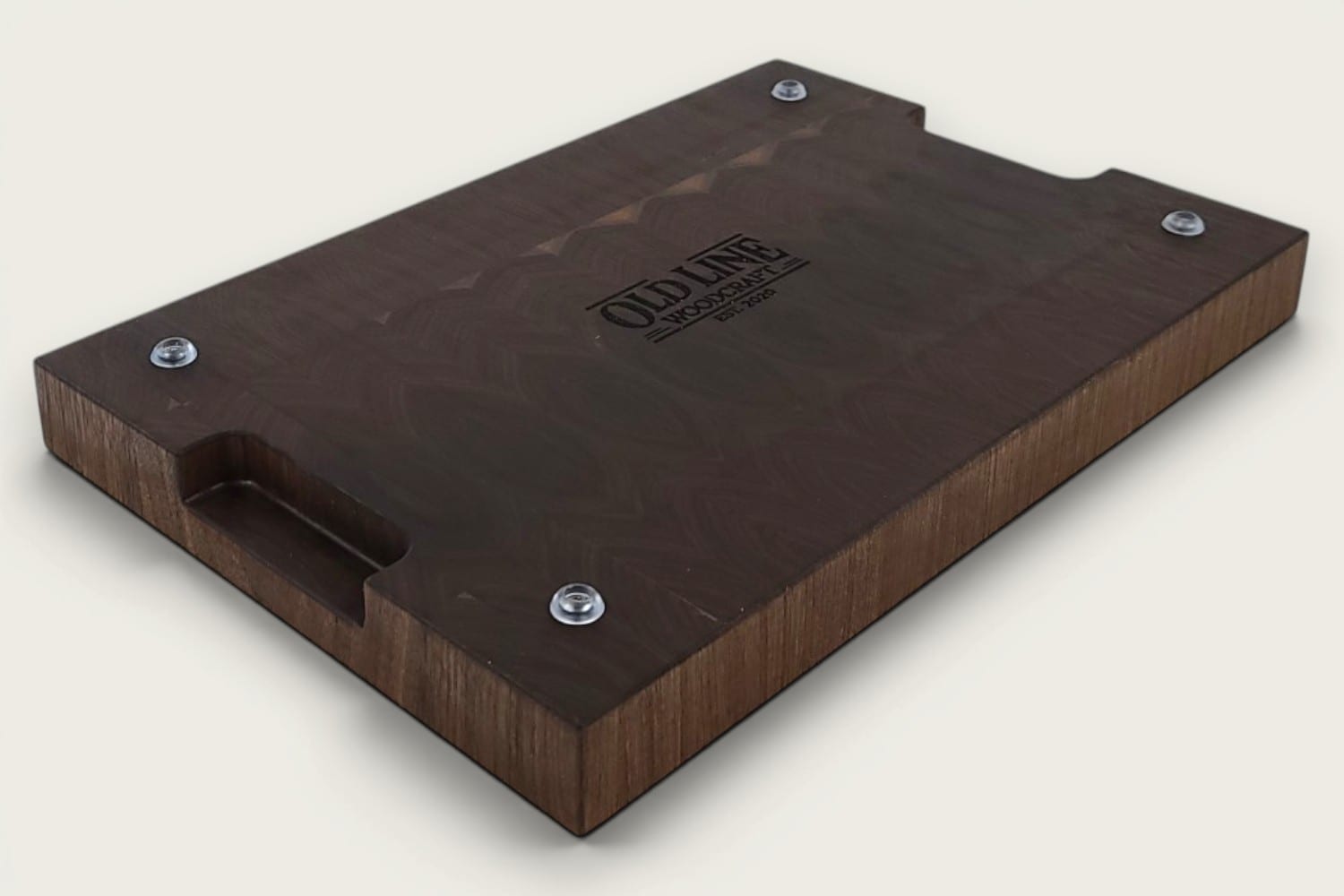 Walnut End Grain Chopping Block Board, rectangular, dark brown vertical pattern, tung-oil finish, recessed handle