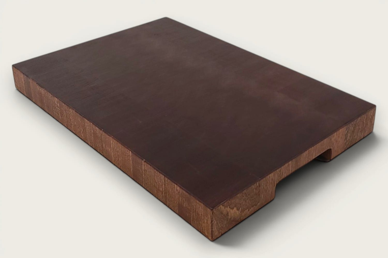 Mahogany End Grain Chopping Block Board, rectangular, vertical pattern, tung-oil finish, deep brown, bottom recessed handle.
